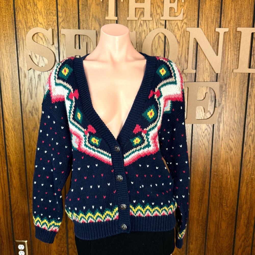 Margules Cardigan Sweater Women Medium Navy Blue Grandmacore Cottagecore Heart
